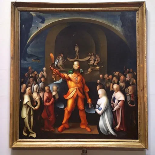 Prompt: “a very detailed baroque renaissance painting of Master Chief from Halo holding a paint palette and paint brush, in front of a class of attentive young aliens students. In the style of Hieronymus Bosch”