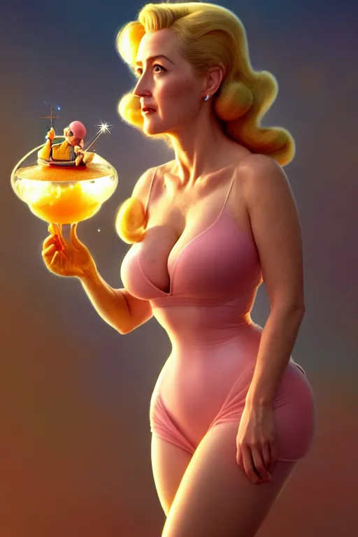 Image similar to polished sweaty princess peach : : gillian anderson kate upton : : christina hendricks body : : weta disney pixar movie still photo : : hi - fructose, sci fi, fantasy, decadent highly - detailed digital painting, golden ratio, octane render, artstation, smooth, sharp focus, artgerm, mucha, loish, wlop : :