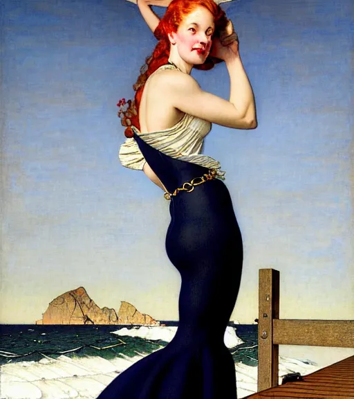 Image similar to a fancy beautiful young lady standing on a wharf at the edge of the sea by brom and gil elvgren and jean delville and william blake and norman rockwell and michael whelan, crisp details, hyperrealism, high detail, high contrast, feminine features, stylish navy blue heels, gold chain belt, cream colored blouse