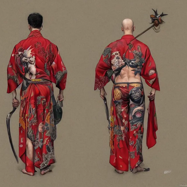 Image similar to ultra realistic illustration, borat dressed in red kimono weilding a katana, backview, tattoos, in the style of peter mohrbacher by weta digital and beth cavener, high face symmetry, intricate, masterpiece, award winning, high face symmetry, intricate
