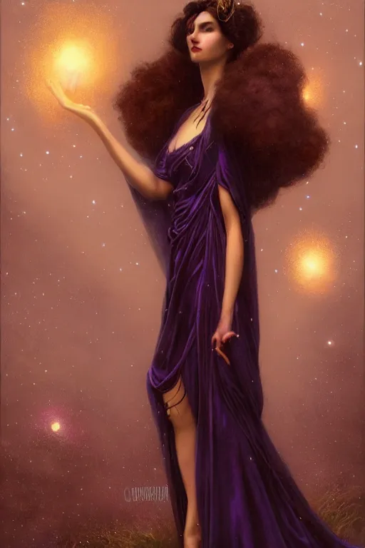 Image similar to Nocturne, glowing, stars, a long-legged elegant evil woman, highly detailed, mysterious, ethereal, dressed in ultra violet velvet, haute couture, illustration, dramatic lighting, soft details, painting, by Edmund Blair Leighton, Brom, Charlie Bowater, trending on artstation, faces by Tom Bagshaw, otto schmidt
