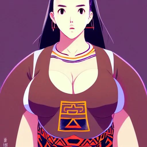 Prompt: a beautiful plus sized model japanese natalie portman, alluring plus sized model with brown skin, wearing mayan leotard with overalls, street fashion hip hop style with mayan patterns, aztec street fashion, gapmoe yandere grimdark, trending on pixiv fanbox, painted by greg rutkowski makoto shinkai takashi takeuchi studio ghibli, akihiko yoshida