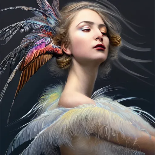 Image similar to portrait of a girl transforming into a feathered bird, covered in feathers, wings spread, taking flight, surreal, fantasy, intricate, elegant, dramatic lighting, emotional, symbolic metaphor, highly detailed, lifelike, photorealistic, digital painting, artstation, concept art, smooth, sharp focus, illustration, art by John Collier and Krenz Cushart and Artem Demura and Alphonse Mucha and Albert Aublet