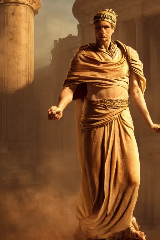 Image similar to a photo of julius caesar wearing a toga, ancient roman setting, dynamic pose, close - up, intricate details, intricately detailed clothing, intricate textures, warm lighting, vivid colors, smoke and mist, realistic octane render, hyper realistic render, volumetric shading, depth of field, raytracing, 8 k,