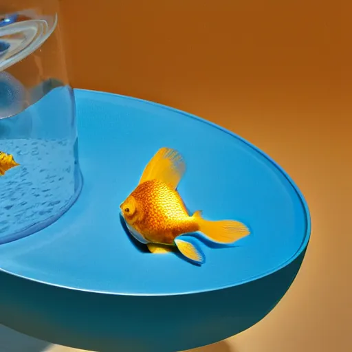 Image similar to there are two round water bowls on a blue table with a blue background. a gold fish is jumping from one bowl to the other one