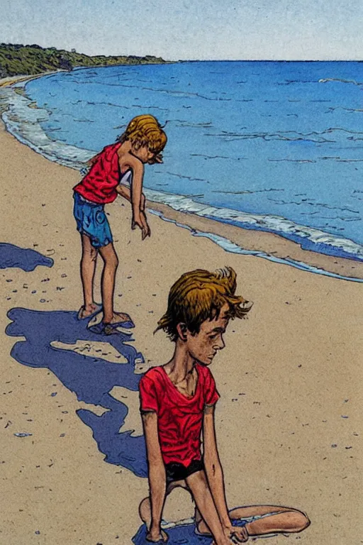 Prompt: teenager boy talking to mother at the beach, by milo manara, robert crumb