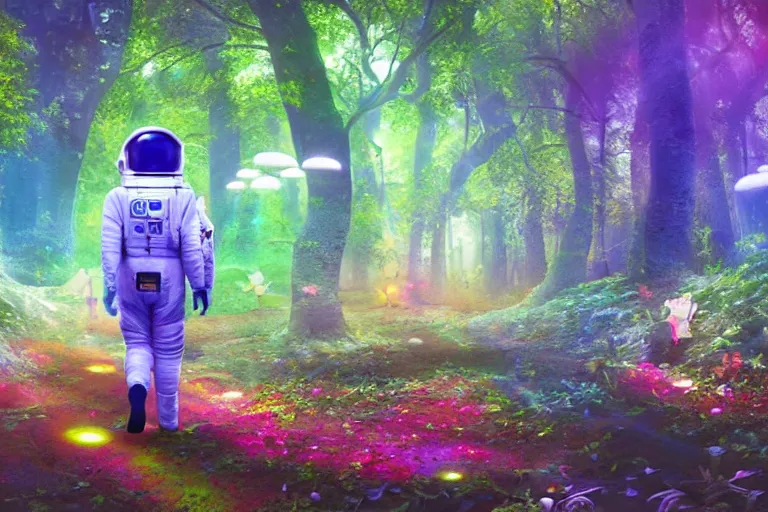 Image similar to an astronaut walking in an enchanted fantasy forest. colorful. glowing mushrooms. photorealism.