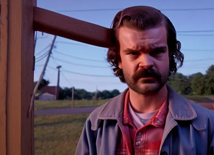 Image similar to film still of jim hopper as steve harrington in stranger things, 8 k