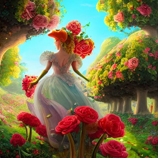 Image similar to portrait of princess peach, running up a hill of exotic flowers in the Mushroom Kingdom, giant mushrooms, and roses, from behind, streets, birds in the sky, sunlight and rays of light shining through trees, beautiful, solarpunk!!!, highly detailed, digital painting by Michael Garmash and Peter Mohrbacher