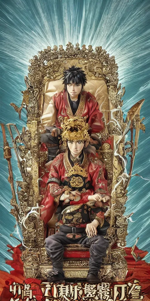 Image similar to highly detailed lone emperor sitting on a throne floating on water in the middle of a lake drawn by Makoto Yukimura in the style of Vinland saga anime, full color, detailed,