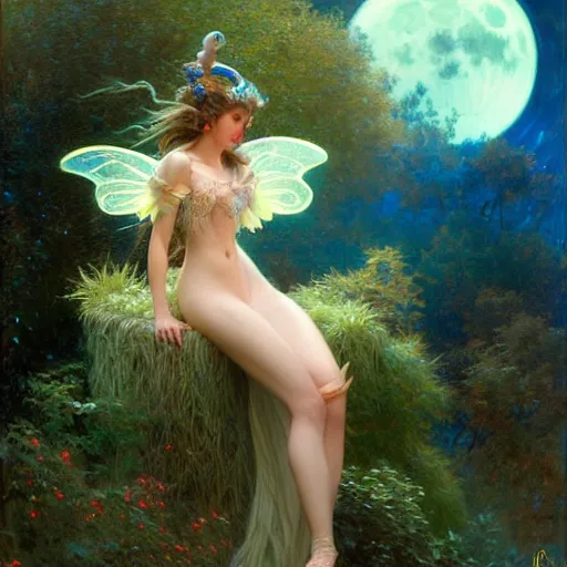 Image similar to attractive fairy magically floating high in the night, fantasy, full moon in background. highly detailed painting by gaston bussiere, craig mullins, j. c. leyendecker, mid shot, 8 k realistic, cryengine, frostbite 3 engine, sharp focus