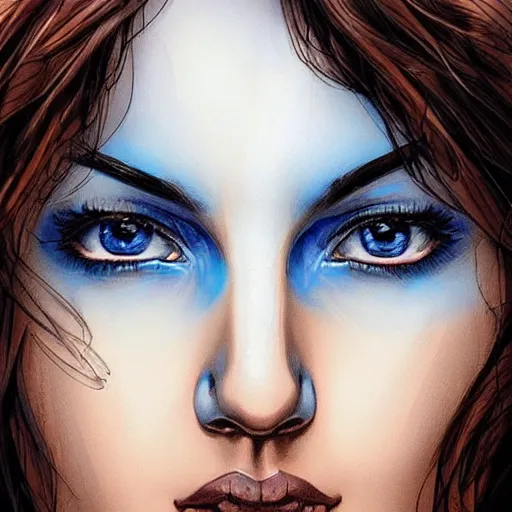 Prompt: closeup on the blue - within - blue colored eyes of ibad of a beautiful brown - skin woman, intricate, elegant, highly detailed, smooth, sharp focus, full body, detailed face, high contrast, art by ardian syaf,