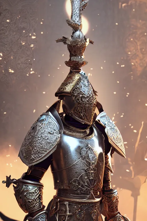 Image similar to a holy knight in ornate godly armor made of bone, harnessing holy light, vfx, particle effects, unreal engine 5, 8k octane render, God rays, post processing