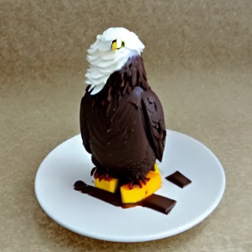 Image similar to A bald eagle made of chocolate powder, mango, and whipped cream