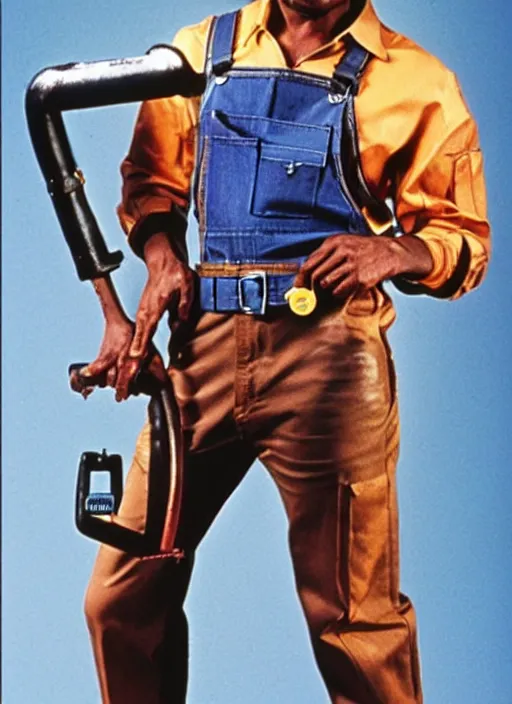 Image similar to an 8 0's john alvin action movie poster starring eddie murphy face as a plumber to rich people. bathroom. overalls. tool belt. the movie is called beverly hills crap