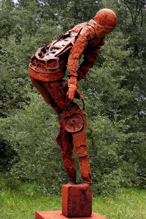 Image similar to a beautiful rust sculpture by christophe charbonnel of a cosmonaut falling into the abyss