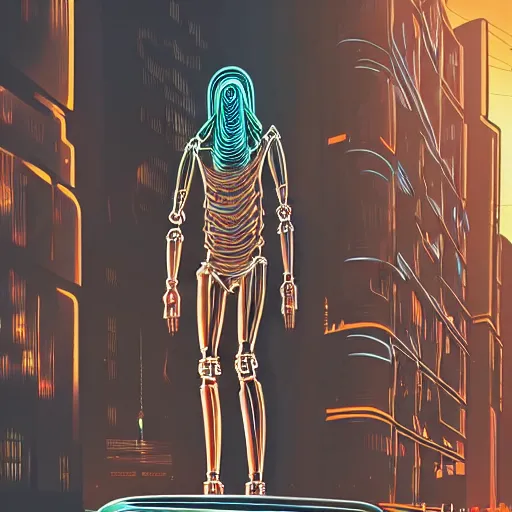 Image similar to detailed illustration of jesus with robotic spider legs in a cyberpunk city