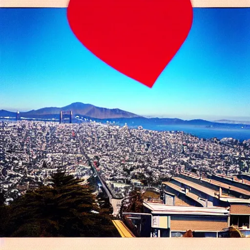 Prompt: “happy photo of twin peaks in San Francisco on a clear sunny day, surrounded by hearts in the sky”