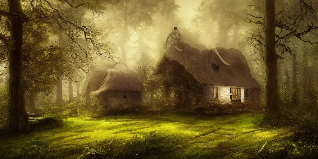 Image similar to a painting of lone cottage in the woods and empty woods, 8k, fantasy, hyper realistic, atmospheric, cinematic