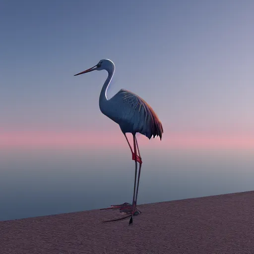 Image similar to a hybrid of a crane and a frog on the background of a blue sunset, photorealism, 4 k