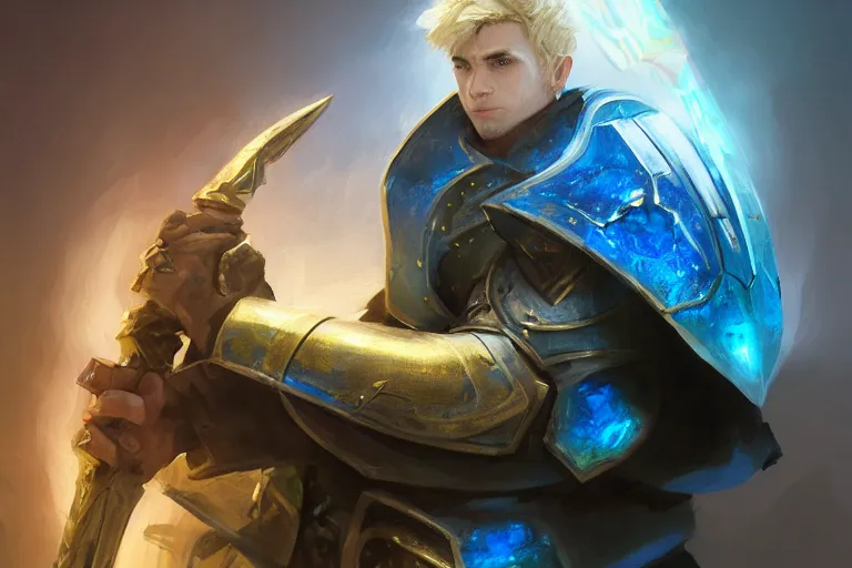 Prompt: closeup portrait of a blonde man in a blue suit with piercing armor with his sword, d & d, heartstone, digital painting, volumetric light, intricate, sharp, focus, bloom, illustration, highly detailed, concept art, matte, ruan jia, randy vargas, greg rutkowski