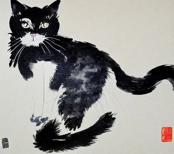 Prompt: ink painting of a cat by li zhaodao