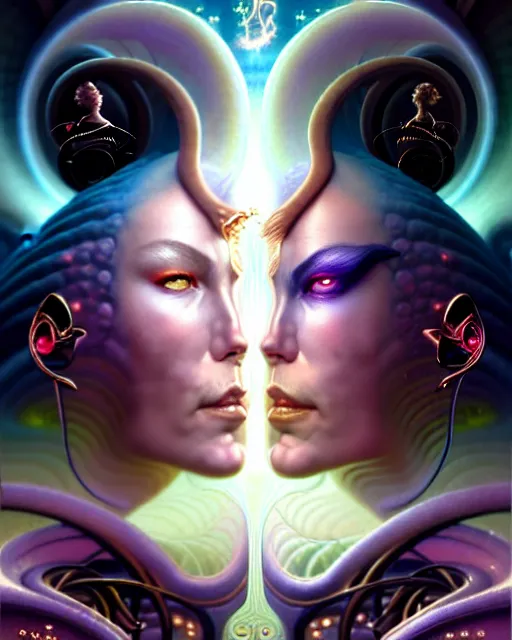 Image similar to a portrait of gemini love and hate fantasy character portrait made of fractals facing each other, ultra realistic, wide angle, intricate details, the fifth element artifacts, highly detailed by peter mohrbacher, hajime sorayama, wayne barlowe, boris vallejo, aaron horkey, gaston bussiere, craig mullins