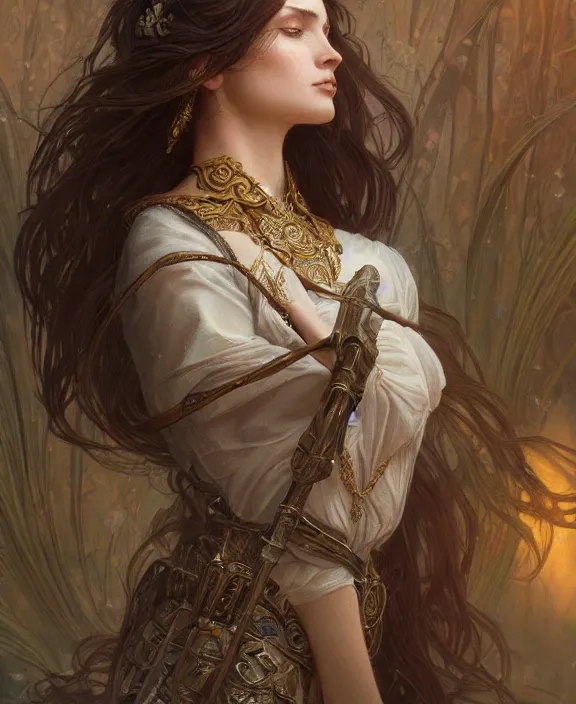 Prompt: portrait of a beautiful goddess, soft hair, half body, medieval, ornate, hairy, d & d, fantasy, intricate, elegant, highly detailed, digital painting, artstation, concept art, smooth, sharp focus, illustration, art by artgerm and greg rutkowski and alphonse mucha