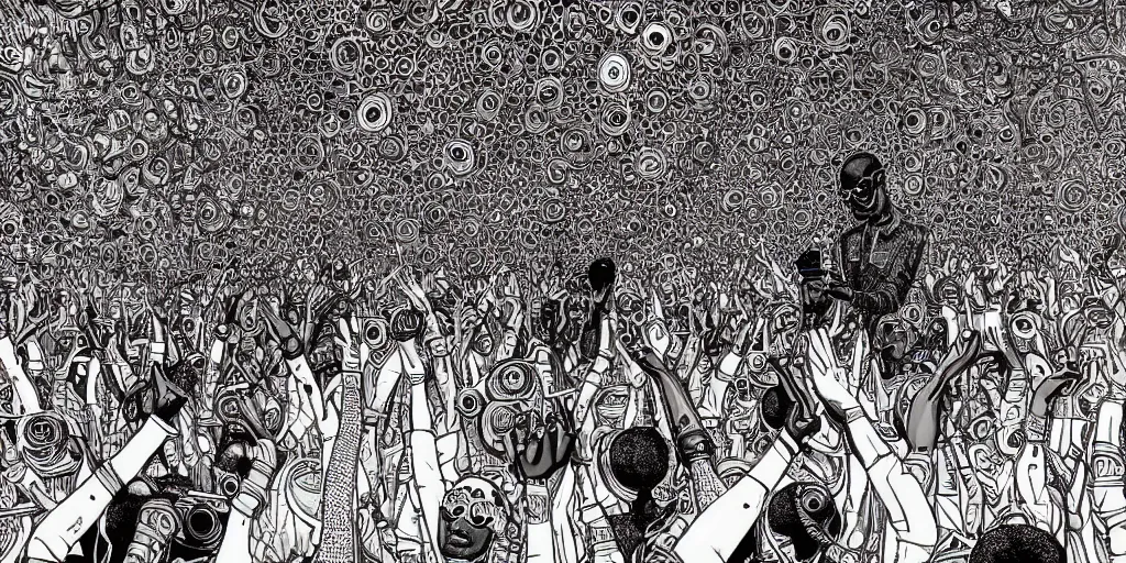 Prompt: intricate detailed artwork of a futuristic dj black coffee at an underground warehouse rave in Ibiza playing afro house music using dj controller to thousands of beautiful female ravers, in the style of Geof Darrow, no hair, sunglasses, beard, wires, speakers, neon