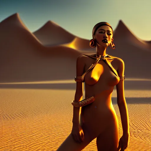 Prompt: giesha demon, innovative avant-garde art, deco fashion, asian women, highly detailed, photorealistic portrait, serene desert setting, golden hour, crisp quality and light reflections, unreal engine 5 quality render