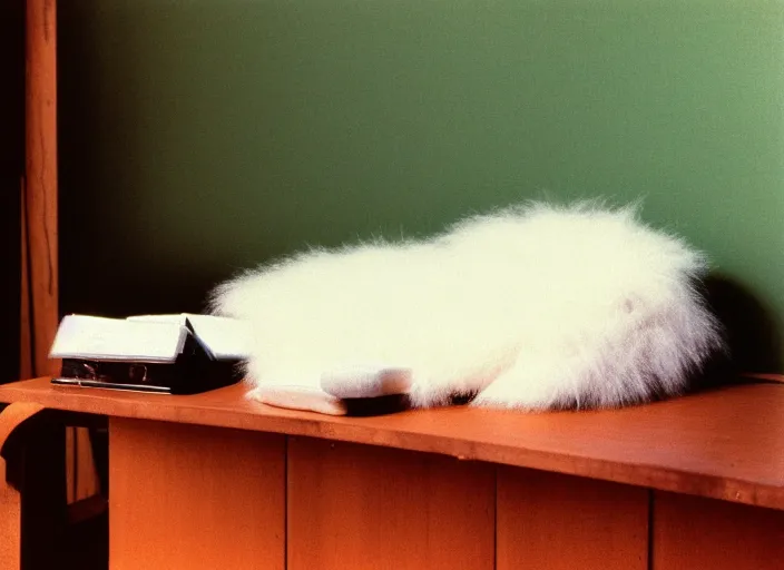 Image similar to realistic museum photo of a white fluffy sweater object, straight laying on a wooden desk 1 9 9 0, life magazine reportage photo, natural colors