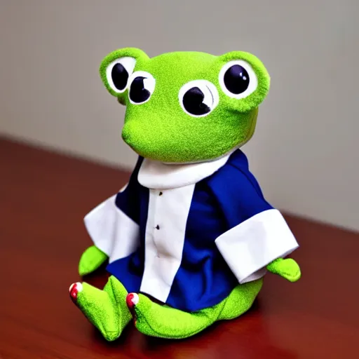 Image similar to stuffed animal frog wearing a sailor suit, cute, plushie photography,