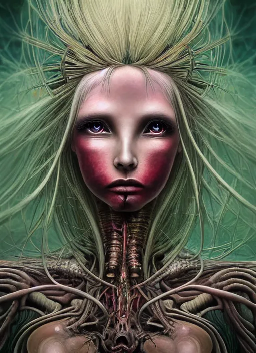 Image similar to realistic detailed image of a young beautiful female queen-vegetal-dragon-cyborg, blonde hair blowing in an angry and stormy battle scene, anime art, anime, inspired by H.R. Giger and Zdzislaw Beksinski and Mark Ryden, gothic, rich deep colors. A masterpiece, matte painting, digital art, trending on artstation.