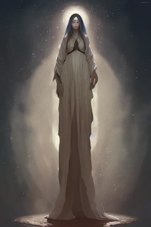 Image similar to pale priestess of the sacral moon full body portrait highly detailed, digital painting, artstation, concept art, smooth and sharp focus, illustration, art by tian zi and wlop and alphonse mucha