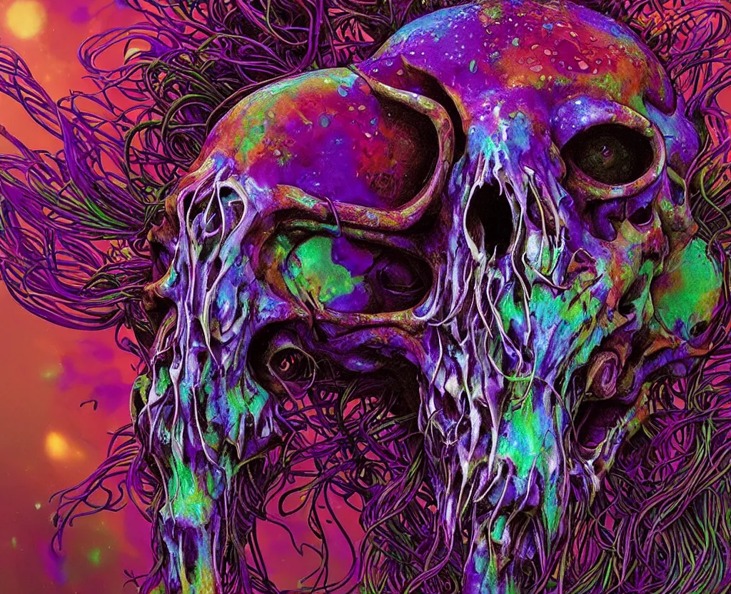 Image similar to psychedelic shaman close - up portrait goat skull. jellyfish phoenix head, nautilus, orchid, monkey skull, betta fish, bioluminiscent creatures, intricate artwork by tooth wu and wlop and beeple. octane render, trending on artstation, greg rutkowski very coherent symmetrical artwork. cinematic, hyper realism, high detail, octane render, 8 k