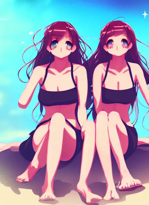 Image similar to two beautiful identical women sitting on a hot summer evening, gorgeous faces, thick lines, cinematic lighting, detailed anime art