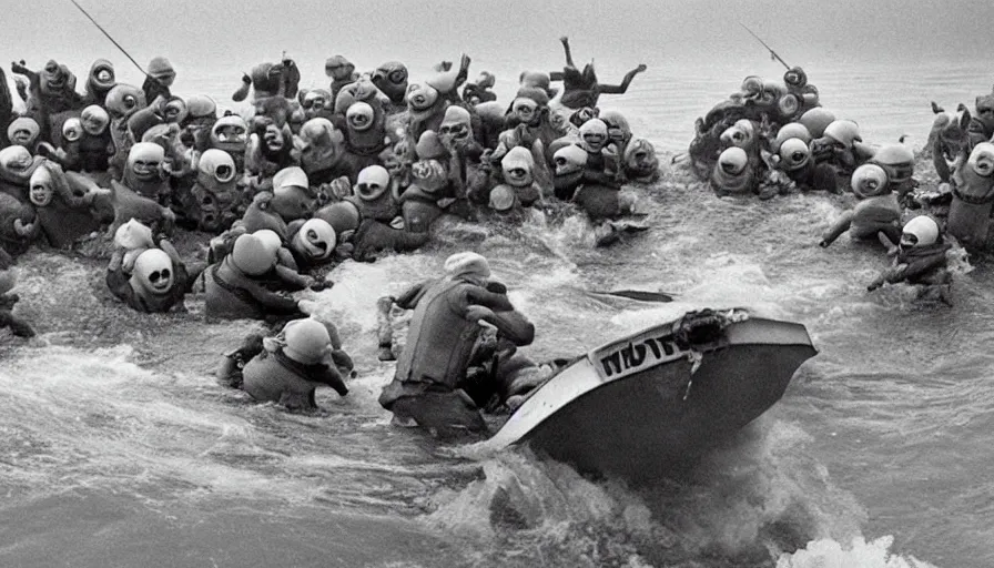 Image similar to “minions jumping out of boat into water on D-Day, 4k, cinematic, award winning”