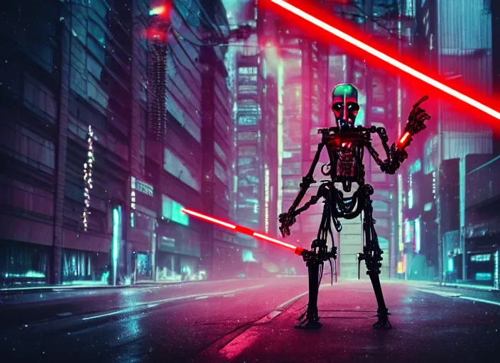 Image similar to 3 5 mm portrait photo of general grievous with heavy duty biomechanical cybernetic body with 4 arms holding 4 activated red lightsabers in the city in the rain. cyberpunk horror style.