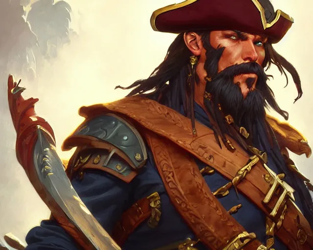 Image similar to captain pirate man high detail, deep focus, d & d, fantasy, intricate, elegant, highly detailed, digital painting, artstation, concept art, matte, sharp focus, illustration, hearthstone, art by artgerm and greg rutkowski and alphonse mucha