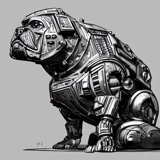 Image similar to « a comic styled cyborg bulldog sitting down, cyberpunk digital art by greg rutkowsky, illustration, sharp focus, highly detailed, future tech, sketchfab »