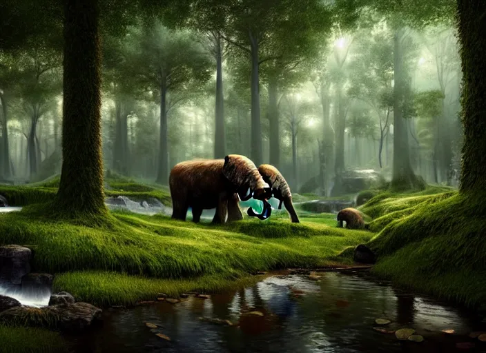 Image similar to hyperrealism, detailed textures, photorealistic, 3 d render, a surreal mystical forest with a bright blue winding creek with a herd of wooly mammoths grazing, ultra realistic cinematic, intricate, cinematic light, concept art, illustration, art station, unreal engine