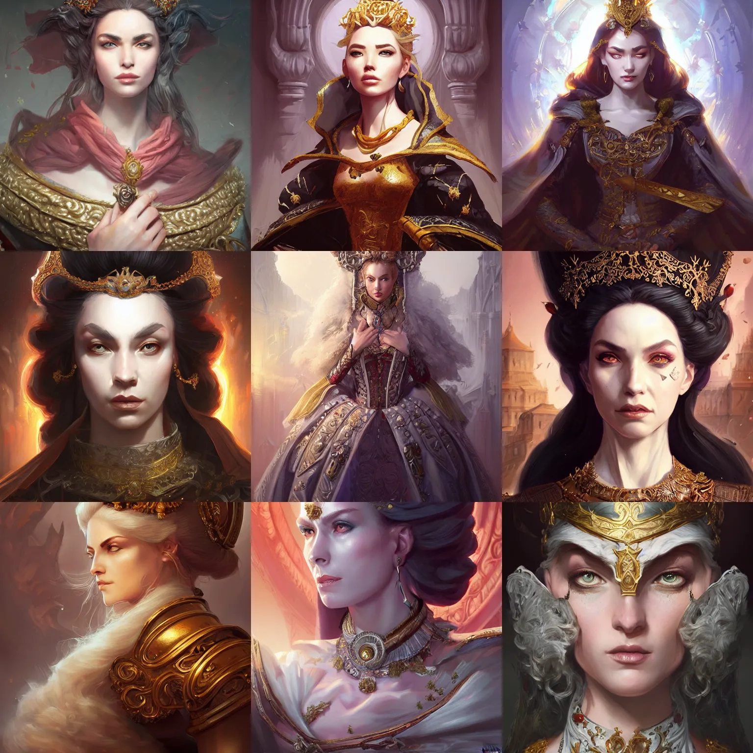 Prompt: baroque empress, D&D, fantasy, portrait, highly detailed, digital painting, trending on artstation, concept art, sharp focus, illustration, art by artgerm and greg rutkowski and magali villeneuve