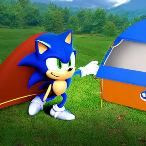 Prompt: sonic the hedgehog camping tent