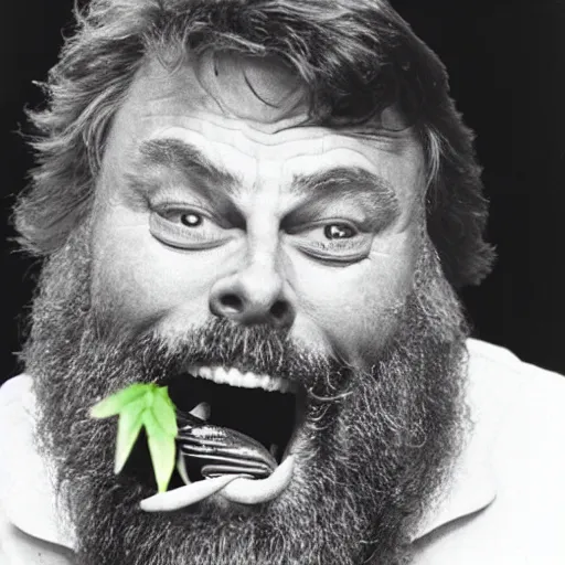 Image similar to film still close up shot of brian blessed swallowing a fish whole