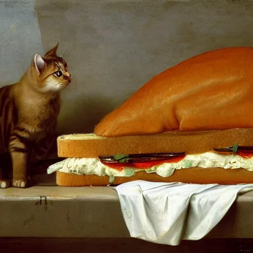 Prompt: Cat eating a big sandwich by Rembrant