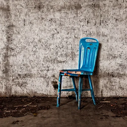 Prompt: nice detailed photos from abandoned warehouse with one blue plastic old chair in middle, extreme long shot, in the style of moneta sleet jr. and j. ross baughman