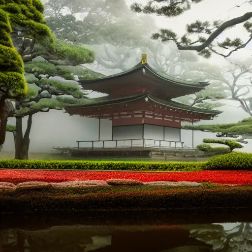 Image similar to detailed photo of a Japanese temple in the morning with mist around the ground, cinematic, golden ratio, beautiful, high detail