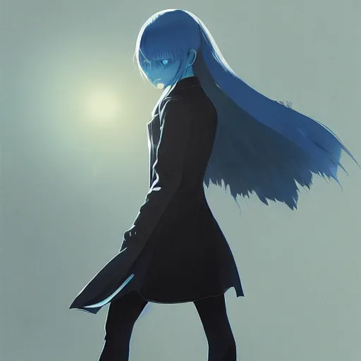 Image similar to low - angle shot from behind of a girl with light blue straight hair in a blue tailcoat, combat boots, noir, sharp focus, intricate, illustration, cell shaded, digital painting, highly detailed, art by greg rutkowski, studio quality, makoto shinkai, james jean