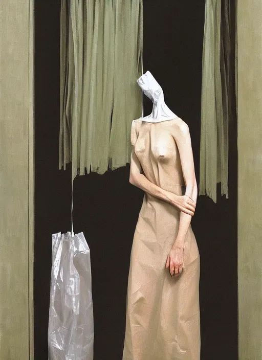 Image similar to woman in a translucent dress made from plastic bag with paper bags for clothes standing inside paper bags with paper bag over the head at store display Edward Hopper and James Gilleard, Zdzislaw Beksinski, highly detailed