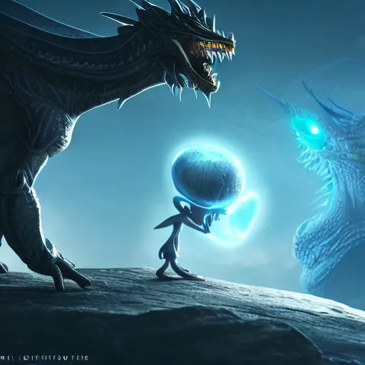 Image similar to an adorable and small alien lands on earth to meet a giant dragon, sweet eyes, concept art, octane render, unreal engine, highly detailed, 4 k, comic book art